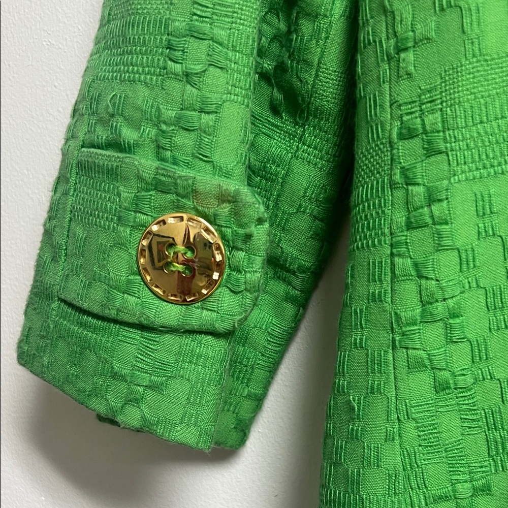 Milly Vibrant Green Woven Cotton Retro 3/4 Sleeve Coat Gold Buttons Size 2 - Picture 6 of 10